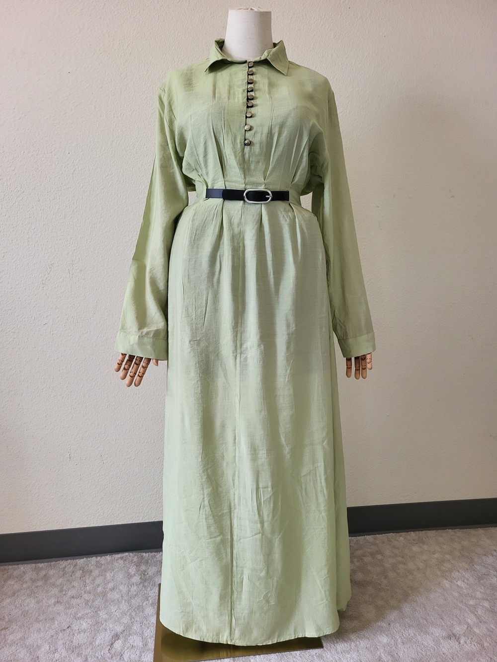Modest Dress- Button-Down Belted Maxi Dress Pistachio Size M - Picture 6 of 7